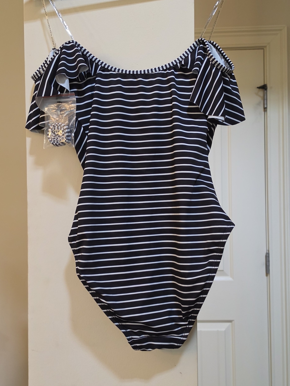 Vince Camuto Black and White Striped Swimsuit Bottom with Gold Logo